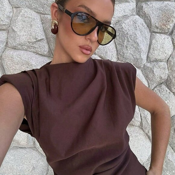 Chocolate Brown Elegant Womens Padded Shoulder Ruffle Asymmetric Zipper TOPO - Picture 7 of 10